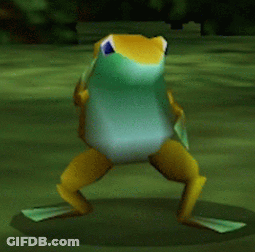 Green And Yellow Frog Standing On Hind Legs GIF