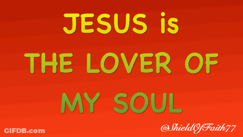 Green And Yellow Letters On A Red Background With Shield Of Faith 77 At The Bottom GIF