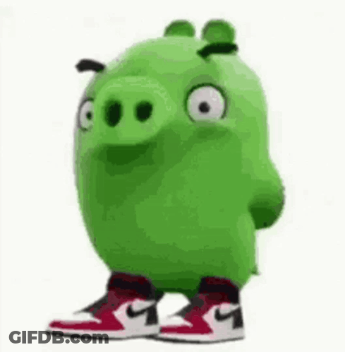 Green Angry Birds Pig Wearing Red White Nike Shoes GIF