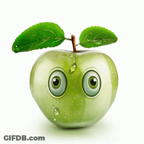 Green Apple With Big Eyes And Leaf GIF