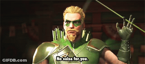 Green Arrow Says No Salsa For You In A Video Game Scene GIF
