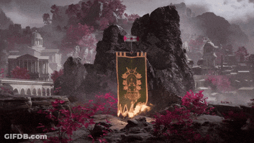 Green Banner With Gold Emblem On Rock GIF