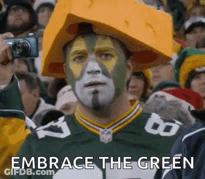 Green Bay Packers Fan In Cheese Hat Taking Selfie GIF