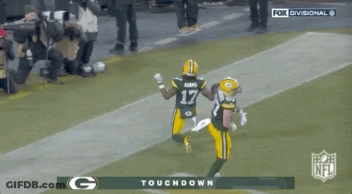 Green Bay Packers Running Back Adams Celebrating Touchdown With Teammate GIF
