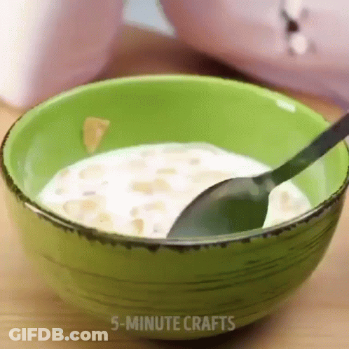 Green Bowl Of Cereal With Spoon 5 Minute Crafts GIF