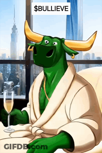 Green Bull In Bathrobe Holding Wine GIF