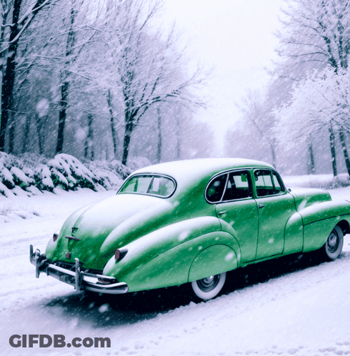 Green Car Driving On Snowy Road GIF