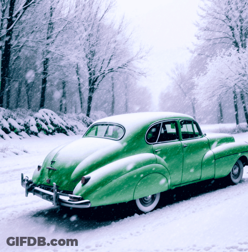 Green Car Driving On Snowy Road GIF
