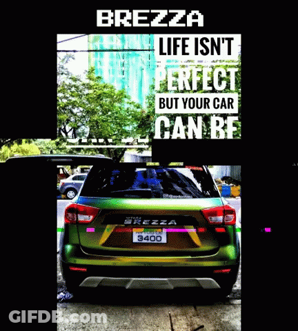 Green Car Parked In Front Of Brezza Life Sign GIF