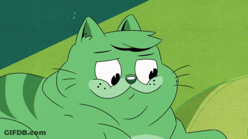 Green Cartoon Cat Being Petted By Person In Blue Shirt GIF