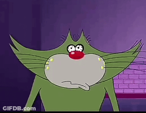 Green Cartoon Cat With Red Nose And Big Eyes GIF