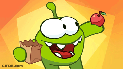 Green Cartoon Character Holding Brown Bag And Apple GIF