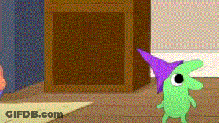 Green Cartoon Character In Purple Hat Standing On Wooden Floor GIF