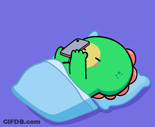 Green Cartoon Character Sleeping With Phone In Mouth GIF