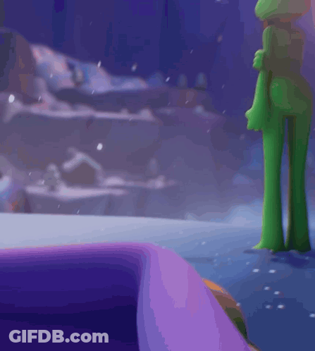 Green Cartoon Character Standing In Front Of Purple Object GIF