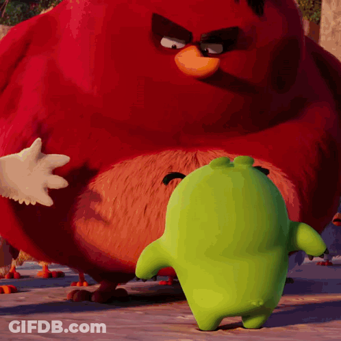 Green Cartoon Character Standing Next To Red Angry Bird GIF