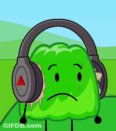 Green Cartoon Character Wearing Headphones With Red Triangle GIF