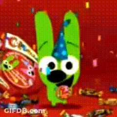 Green Cartoon Character Wearing Party Hat GIF