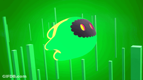 Green Cartoon Character With Black Head And Yellow Eyes GIF