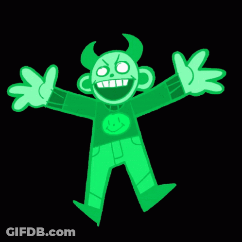 Green Cartoon Character With Horns And Smiley Face GIF