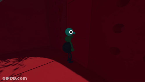 Green Cartoon Character With Large Eye In Red Room GIF