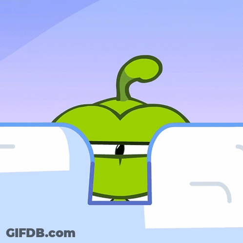 Green Cartoon Character With Leaf On Head Looking Out Of Hole GIF