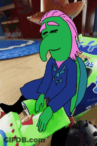 Green Cartoon Character With Pink Hair On Toy Truck GIF