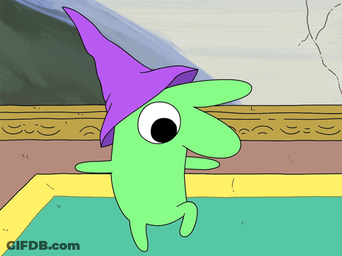 Green Cartoon Character With Purple Hat GIF