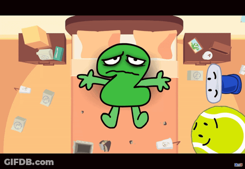 Green Cartoon Lying On Bed Next To Face Tennis Ball GIF