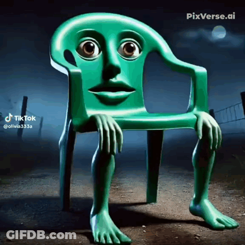 Green Chair With Face And Legs In Dirt GIF