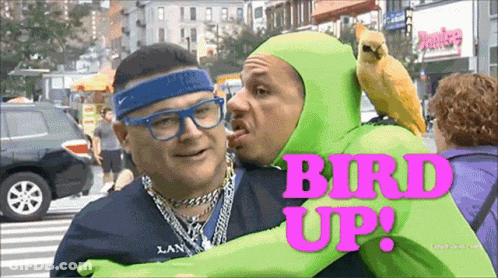 Green Costumed Man Hugging Man With Parrot And Bird GIF