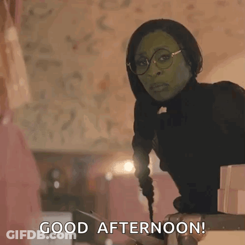 Green Costumed Woman With Glasses On Suitcase Good Afternoon GIF