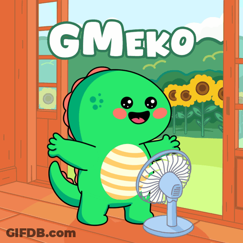 Green Dinosaur Holding Fan Gmeko GIF