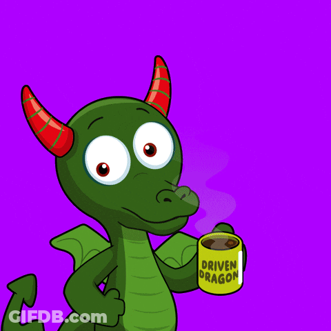 Green Dragon Drinking From Yellow Cup Saying Driven Dragon GIF