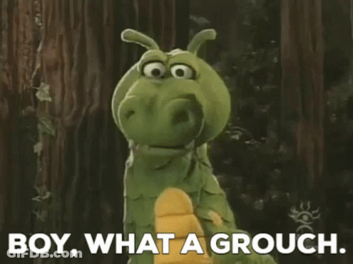 Green Dragon Puppet Saying Boy What A Grouch GIF