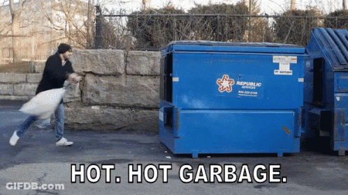 Green Dumpster With Lid Open On Pink Wall GIF