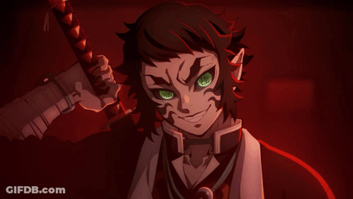Green-Eyed Cartoon Character Holding Red Sword GIF