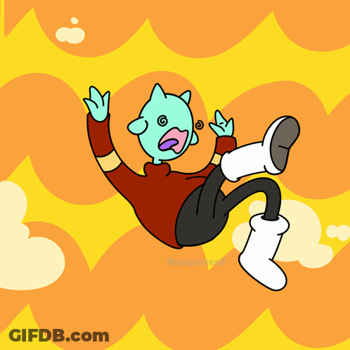 Green Faced Cartoon Falling On Yellow Background GIF