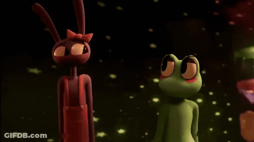 Green Frog And Red Bunny Standing Together GIF