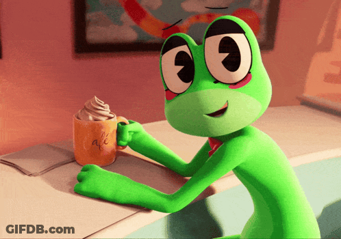 Green Frog Holding Cup Of Coffee With Whipped Cream GIF