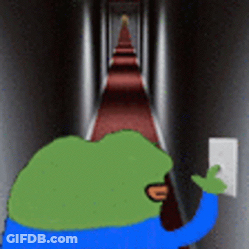 Green Frog Holding Light Switch In Hallway GIF