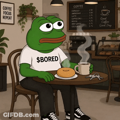 Green Frog In $ Bored Shirt With Coffee And Donut GIF