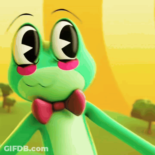 Green Frog In Pink Bow Tie Looking At Camera GIF