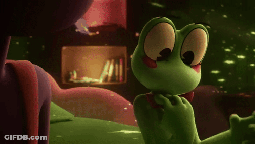 Green Frog In Red Bow Tie Beside Purple Frog GIF