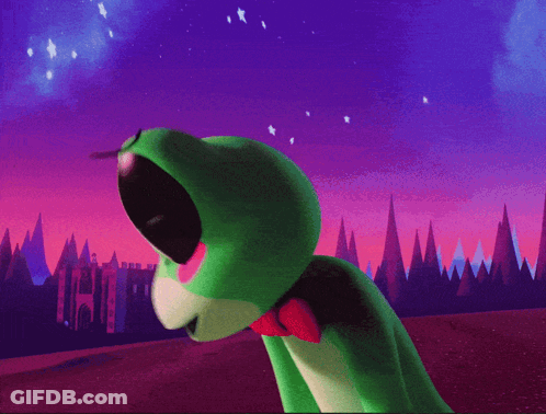 Green Frog In Red Bow Tie In Front Of Castle GIF