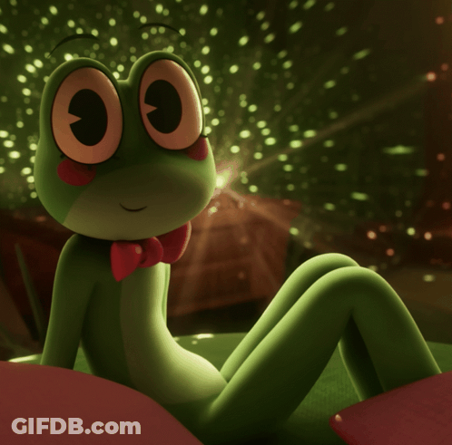 Green Frog In Red Bow Tie On Red Pillow GIF