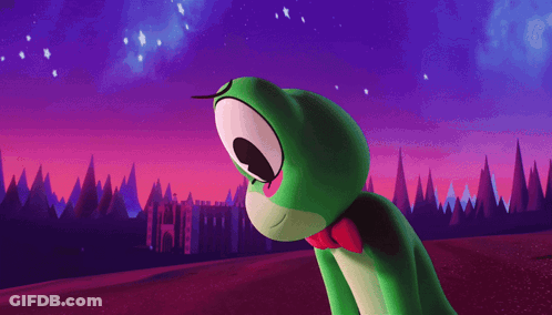 Green Frog In Sunglasses And Bow Tie Under Purple Sky GIF