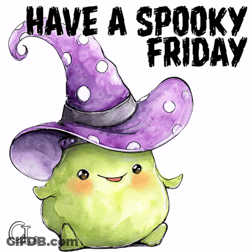 Green Frog In Witch Hat Saying Have A Spooky Friday GIF
