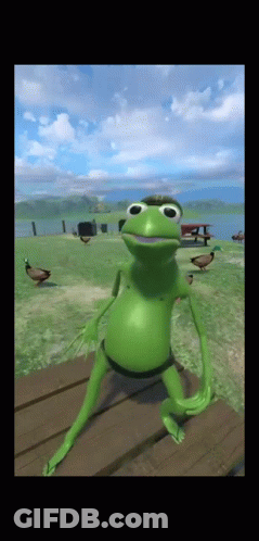 Green Frog Sitting On Wooden Table With Ducks GIF