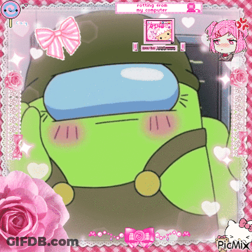 Green Frog Surrounded By Pink Roses And Hearts Saying Rotting From My Computer GIF